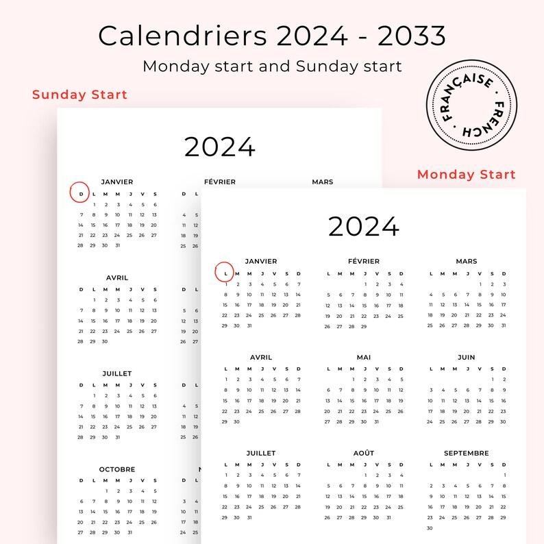 Calendriers Annuels 2024 à 2023 Calendrier 10 Jahre French Calendar