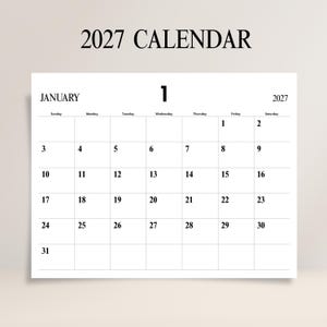 Könnte beinhalten: Ein weißer Kalender für 2027 mit dem Monat Januar. Der Kalender hat ein schlichtes Design mit schwarzem Text, einschließlich der Wochentage und Daten. Der Text "2027 CALENDAR" steht oben.