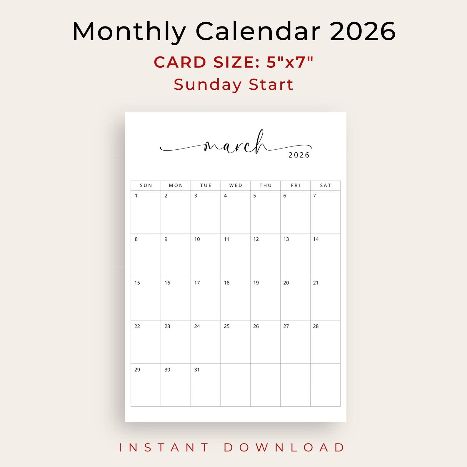 2026 Calendar 5x7 Inch 2026 Small Calendar Card PRINTABLE Elegant ...