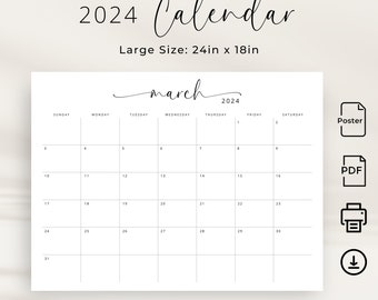 Calendario 2024 Calendario da parete 2024 stampabile 2024 Planner grande orizzontale XL Calendario mensile Poster 24x18 pollici Inizio domenica Inizio lunedì