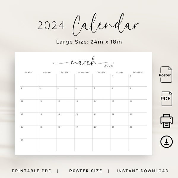 2024 Calendar 2024 Big Calendar Printable 2024 Large Planner Landscape  XL Monthly Calendar Poster 24x18 inches Sunday Start Monday Start