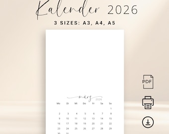 2026 Kalendar A3 A4 A5 2026 Kalender auf Deutsch PRINTABLE PDF Elegant Portrait DIY Monthly Calendar German Crafter Planner Poster
