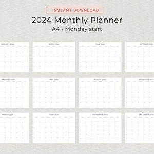 2024 Monthly Planner Landscape Sunday & Monday Start, 2024 Minimal Black and White Monthly Calendar, A4 and Letter Size, Print At Home PDF