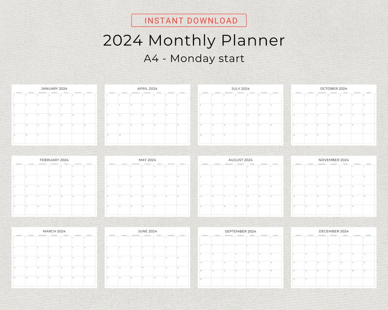 2024 Monthly Planner Landscape Sunday & Monday Start, 2024 Minimal Black and White Monthly Calendar, A4 and Letter Size, Print At Home PDF