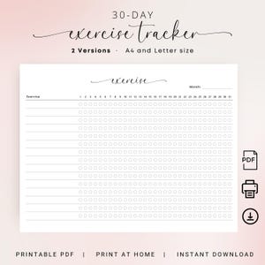 Rastreador de ejercicios de 30 días imprimible Lista de verificación de ejercicios Rastreador de ejercicios diarios Planificador de ejercicios Organizador de gimnasio en casa Registro de ejercicios Carta A4 Elegante