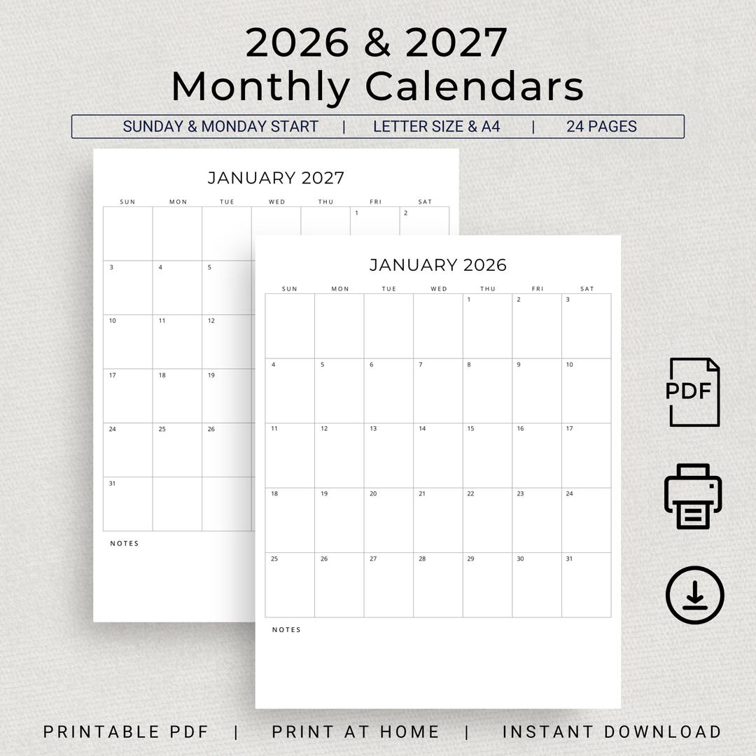 Buy 2026 2027 Calendar Vertical 2026 & 2027 Monthly Planner Printable ...