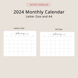 2024 Calendar 2024 Monthly Planner Landscape Elegant Monthly Calendar Sunday & Monday Start 2024 A4 Letter Size Wall Calendar PRINTABLE PDF