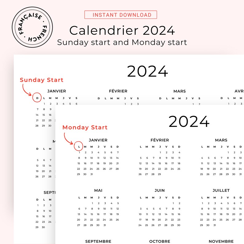 2024 Calendrier 2024 French Calendar Landscape 2024 Yearly Calendar