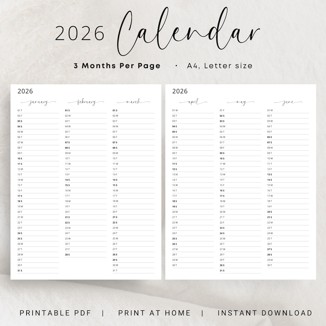 2026 Yearly Planner 2026 Year at a Glance Calendar 3 Months per Page ...