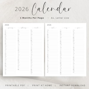 2026 Yearly Planner 2026 Year at a Glance Calendar 3 Months Per Page 2026 Overview Yearly Calendar Portrait Elegant PRINTABLE PDF Download
