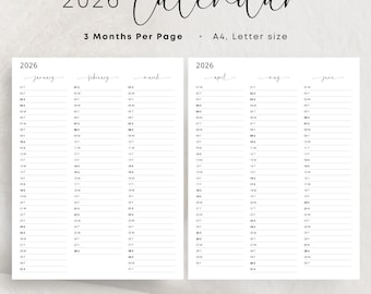 2026 Yearly Planner 2026 Year at a Glance Calendar 3 Months Per Page 2026 Yearly Overview Calendar Portrait Elegant PRINTABLE PDF Download