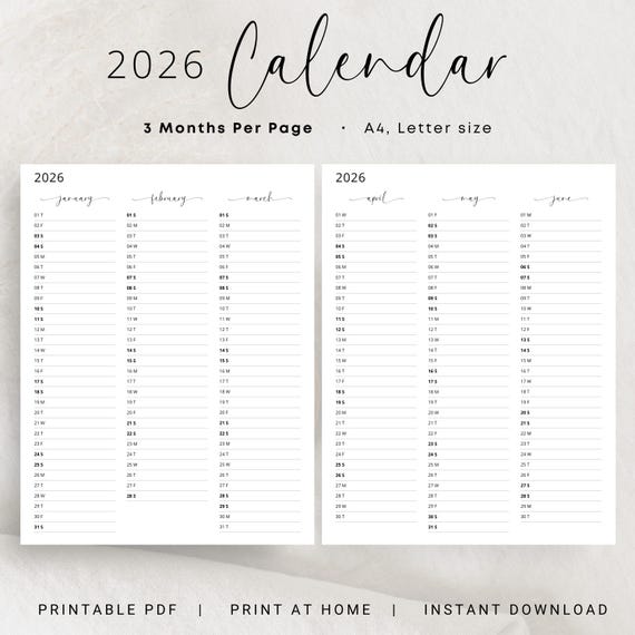 2026 Yearly Planner 2026 Year at a Glance Calendar 3 Months Per Page 2026 Yearly Overview Calendar Portrait Elegant PRINTABLE PDF Download