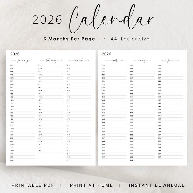 2026 Yearly Planner 2026 Year at a Glance Calendar 3 Months Per Page 2026 Overview Yearly Calendar Portrait Elegant PRINTABLE PDF Download