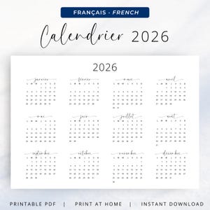 Calendrier Français 2026 Calendrier Annuel 2026 Wandkalender auf Französisch 2026 Jahreskalender Französisch Zum Ausdrucken PDF DRUCKBARE A3 A4 Letter Größe