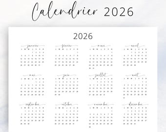 Calendrier Français 2026 Calendrier Annuel 2026 Wall Calendar in French 2026 Year Calendar French To Print PDF PRINTABLE A3 A4 Letter Size