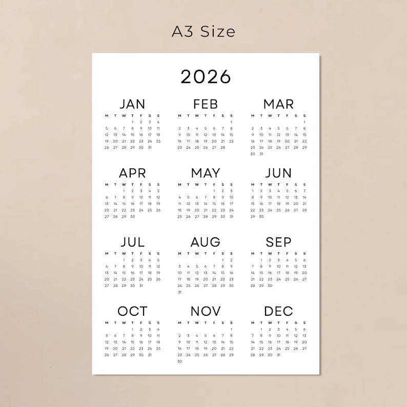 May include: A3 size 2026 calendar printed on white paper. Each month is displayed with a simple, clean layout, featuring the days of the week and dates. The calendar is designed with a minimalist aesthetic.