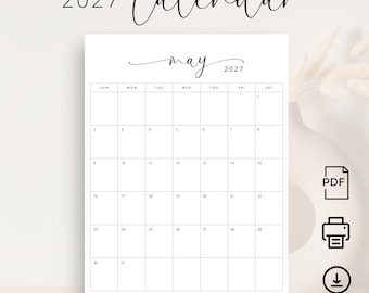 May include: A minimalist white calendar page for May 2027, with a simple grid layout and the month and year at the top. The words "2027 Calendar" are written in a stylish font. The bottom of the page has the words "Printable PDF | Print at Home | Instant Download".