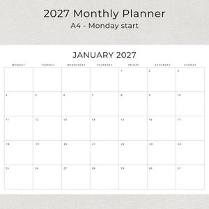 2027 Monthly Calendar 2027 Minimal Monthly Planner Landscape Sunday & Monday Start A4 and Letter Size 2027 Calendar Print At Home PDF