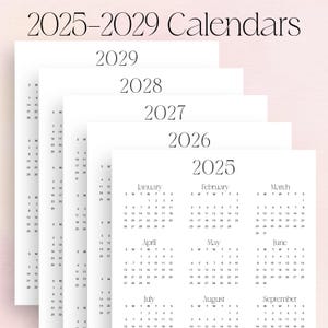 Calendario de 5 años 2025-2029 Calendario de pared 2025 a 2029 PDF IMPRIMIBLE 2025 2026 2027 2028 2029 Tamaño carta A3 A4 Elegante planificador anual 2025