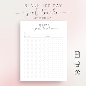 Rastreador de 100 días en blanco Rastreador de objetivos de 100 días Rastreador de cuenta regresiva Rastreador de hábitos sin numerar de 100 días Tamaño carta A4 Rastreador de progreso de objetivos elegante