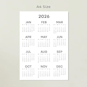 2026 Wall Calendar 2026 Yearly Calendar Printable PDF Minimalist Calendar 2026 Year at a Glance A3 A4 Letter Size Monday & Sunday Start