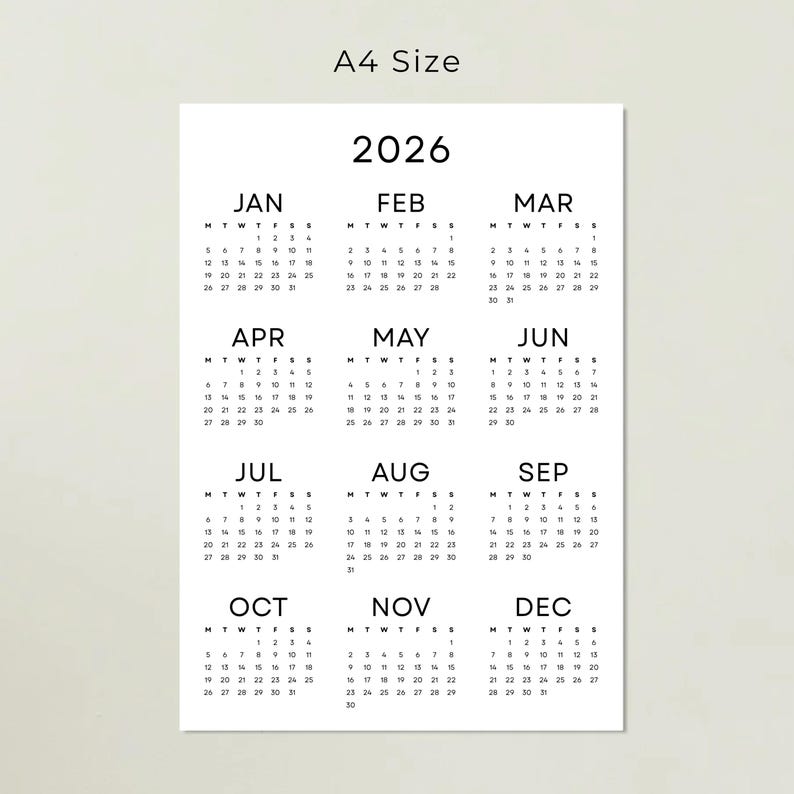 2026 Wall Calendar 2026 Yearly Calendar Printable PDF Minimalist Calendar 2026 Year at a Glance A3 A4 Letter Size Monday & Sunday Start