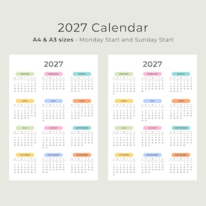 2027 Yearly Calendar 2027 Wall Calendar Printable 2027 Calendar Portrait A3 A4 US Letter Color Desk Planner 2027 PDF Sunday & Monday Start