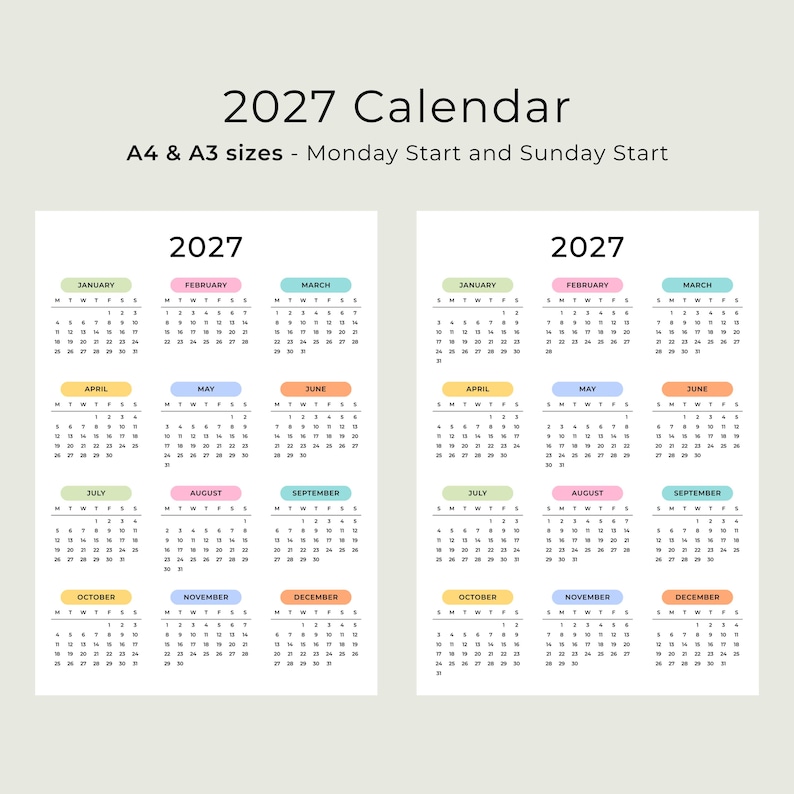 2027 Yearly Calendar 2027 Wall Calendar Printable 2027 Calendar Portrait A3 A4 US Letter Color Desk Planner 2027 PDF Sunday & Monday Start
