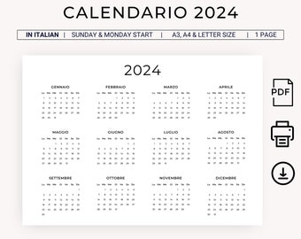 Calendario 2024 Calendario Annual 2024 Calendario in Italiano 2024 IMPRIMIBLE Calendario Italiano 2024 A3 A4 Calendario de pared con letras PDF Apaisado