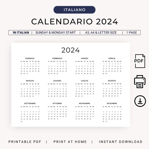 Calendario 2024 Calendario Annuale 2024 Calendario in Italiano 2024  PRINTABLE Italian Calendar 2024 A3 A4 Letter Wall Calendar PDF Landscape 