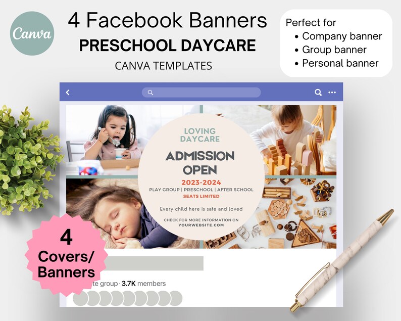4 Daycare Facebook Cover Banner Childcare Canva Template Preschool