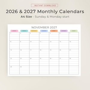 2026 2027 Monthly Calendar with Lines PRINTABLE PDF 2026 2027 Planner Lined Landscape Calendar Minimalist Color A4 Letter Instant Download