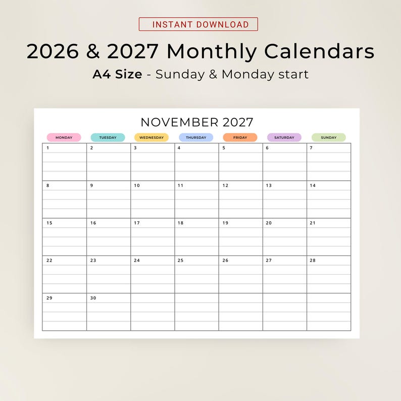 2026 2027 Monthly Calendar with Lines PRINTABLE PDF 2026 2027 Planner Lined Landscape Calendar Minimalist Color A4 Letter Instant Download