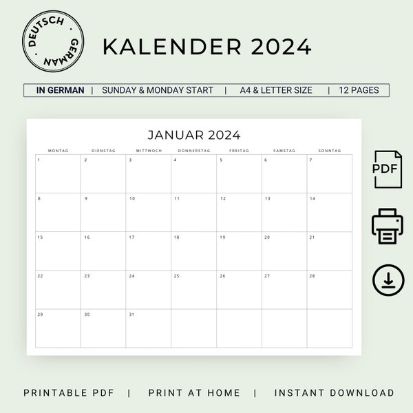 2024 Kalender 2024 German Calendar 2024 PRINTABLE Monthly Calendar in German 2024 Monthly Planner Minimalist Germany Desk Calendar A4 Letter