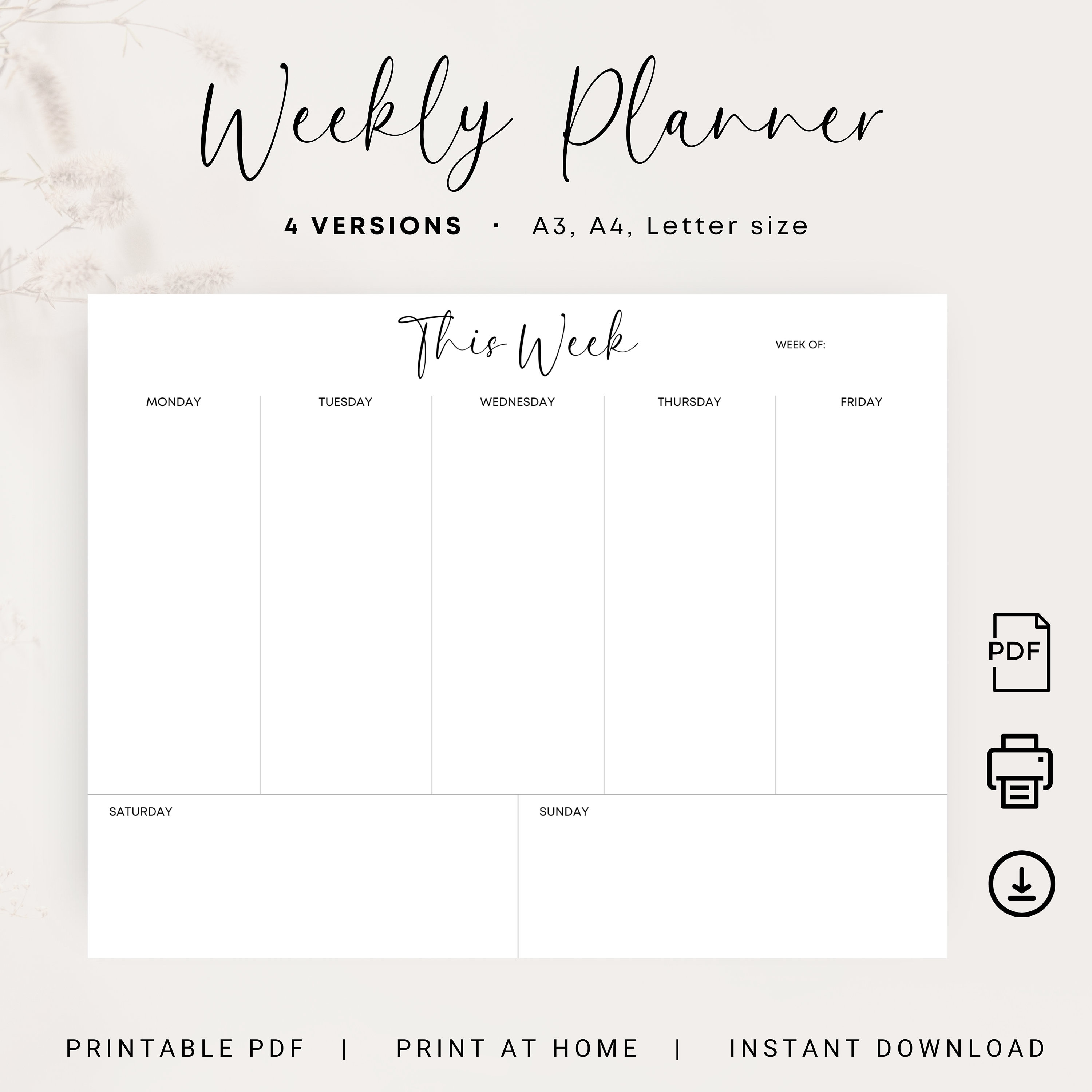 Minimalist Weekly Planner Printable Planner Landscape Work Undated ...