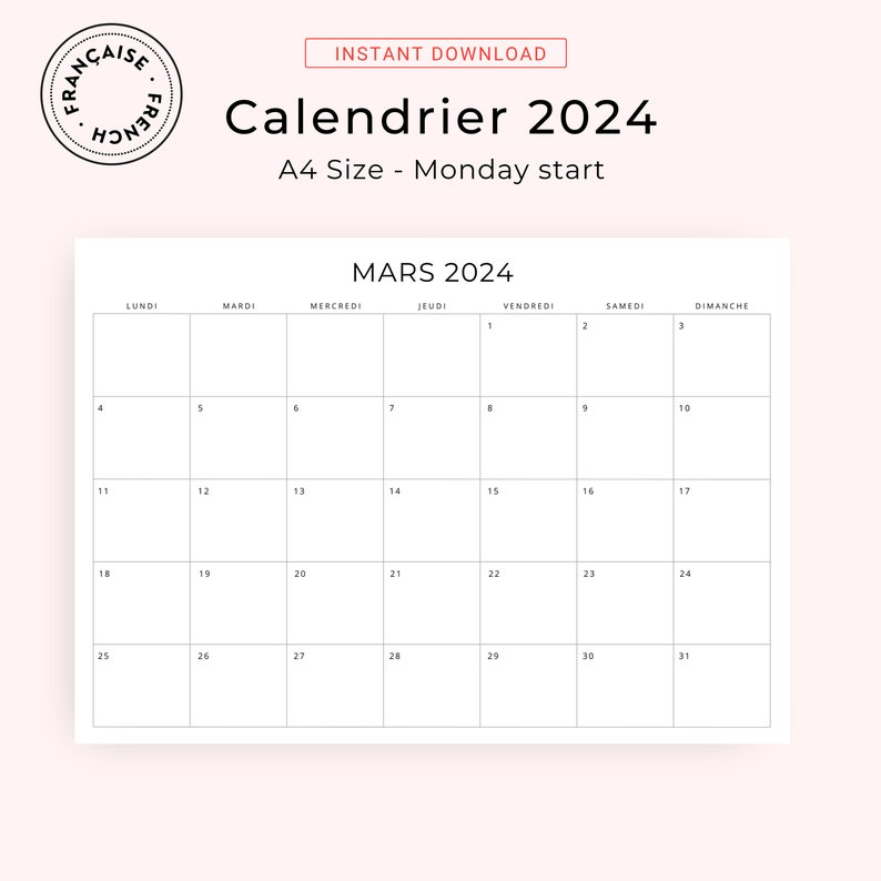 2024 Calendrier Français 2024 French Calendar 2024 Monthly Etsy Hong Kong