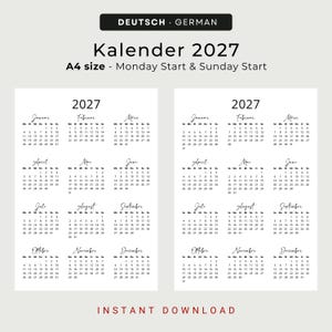 Kalender 2027 Kalender Deutsch Kalender zum Ausdrucken 2027 Deutschland PRINTABLE PDF Minimalist 2027 Calendar Portrait German A3 A4