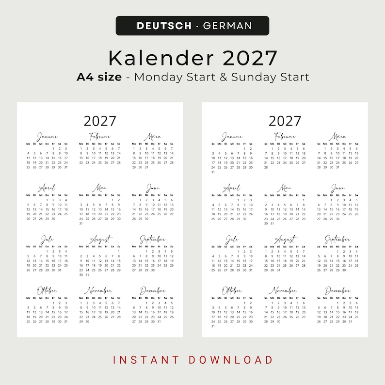 Kalender 2027 Kalender Deutsch Kalender zum Ausdrucken 2027 Deutschland PRINTABLE PDF Minimalist 2027 Calendar Portrait German A3 A4