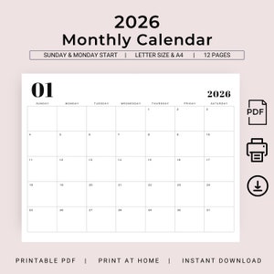 Calendar 2026 Calendar Printable 2026 Monthly Planner Landscape Desk Calendar 2026 Minimal Calendar PDF A4 Letter Size 2026 Calendar Wall
