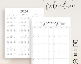 2024 Monthly Calendar + Yearly Calendar 2024 Vertical Monthly Planner 2024 Elegant Wall Calendar A4 Letter Size Printable Calendar 2024 PDF