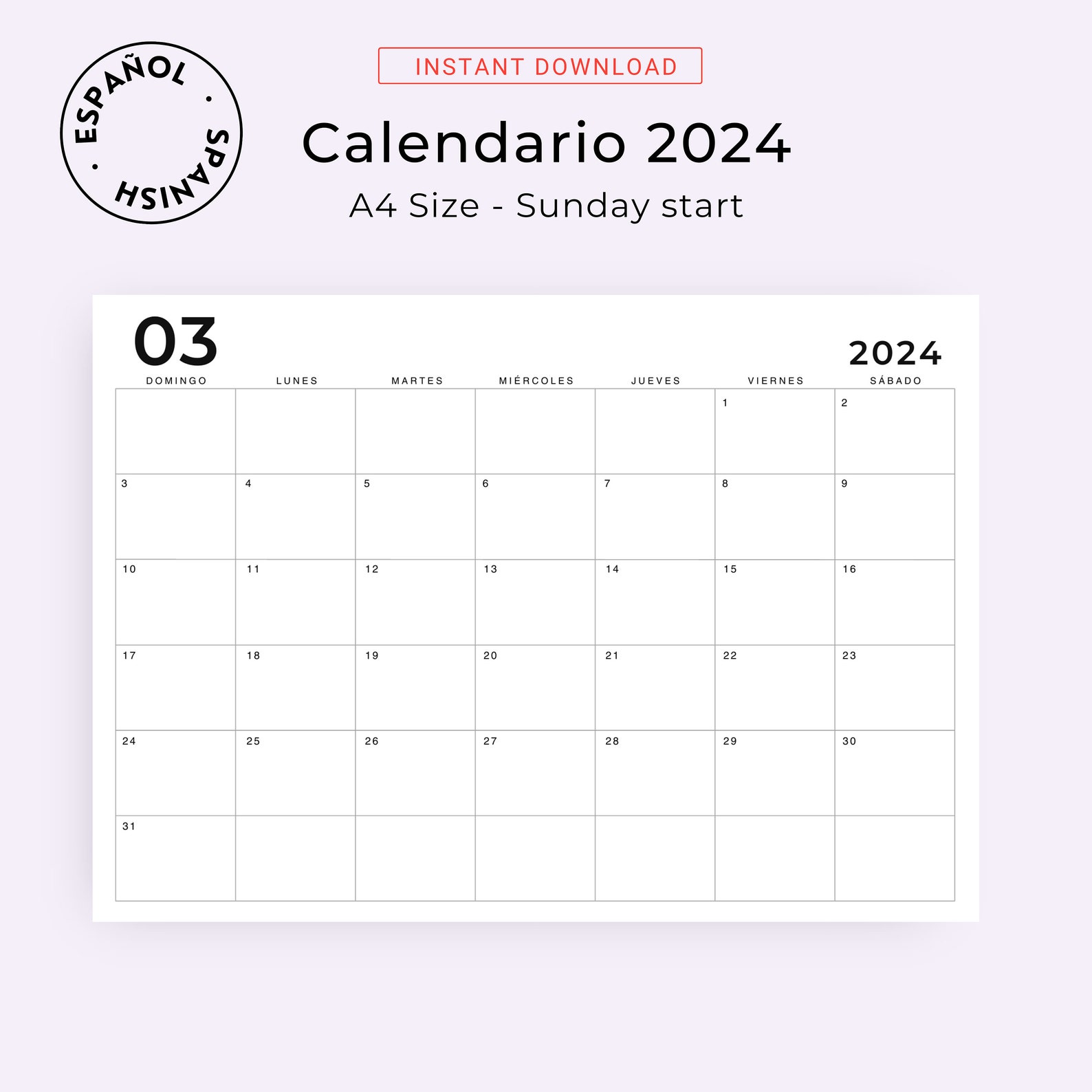 Calendario 2024 Calendario Mensual 2024 PRINTABLE Spanish Calendar 2024