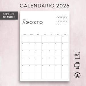 Peut inclure: Un calendrier imprimable pour août 2026 en espagnol. Le calendrier est dans un style simple et minimaliste avec du texte noir sur fond blanc. Les jours de la semaine sont abrégés en espagnol : LUN (lundi), MAR (mardi), MIE (mercredi), JUE (jeudi), VIE (vendredi), SAB (samedi), DOM (dimanche).