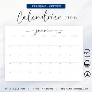 以下が含まれることがあります： 2026年1月のミニマリストな白いカレンダー。 「Calendrier」と「janvier」の文字がエレガントな筆記体で書かれています。 カレンダーのグリッドはシンプルで、週の曜日が上部にあります。 「印刷可能なPDF」、「自宅で印刷」、および「即時ダウンロード」という言葉が下にあります。
