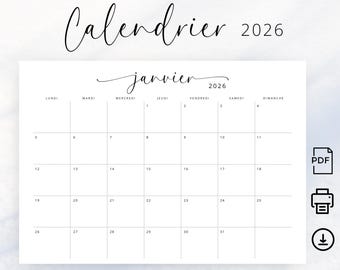 Calendrier 2026 Calendrier Français 2026 Planificateur Imprimable 2026 French Wall Calendar 2026 Monthly Planner in French PRINTABLE PDF