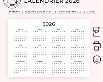 Calendrier 2026 Calendrier en Français 2026 Calendar French Landscape Wall Calendar 2026 PRINTABLE A3 A4 Letter 2026 Wall Planner PDF France