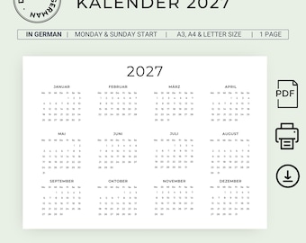 Kalender 2027 Kalender Deutsch Jahreskalender 2027 Calendario annuale da parete STAMPABILE Calendario minimalista Tedesco Paesaggio A3 A4 Lettera Germania