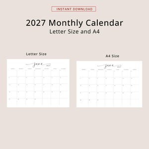 2027 Calendar 2027 Monthly Planner Landscape Elegant Wall Calendar Sunday & Monday Start 2027 A4 Letter Size Desk Planner Printable PDF