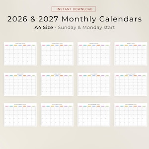 2026 2027 Monthly Calendar with Lines PRINTABLE PDF 2026 2027 Planner Lined Landscape Calendar Minimalist Color A4 Letter Instant Download