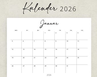 2026 Kalender 2026 Kalender Deutsch Monatsplaner Paisaje IMPRIMIBLE PDF Calendario de pared minimalista Alemán A3 A4 Planificador de inicio de domingo y lunes