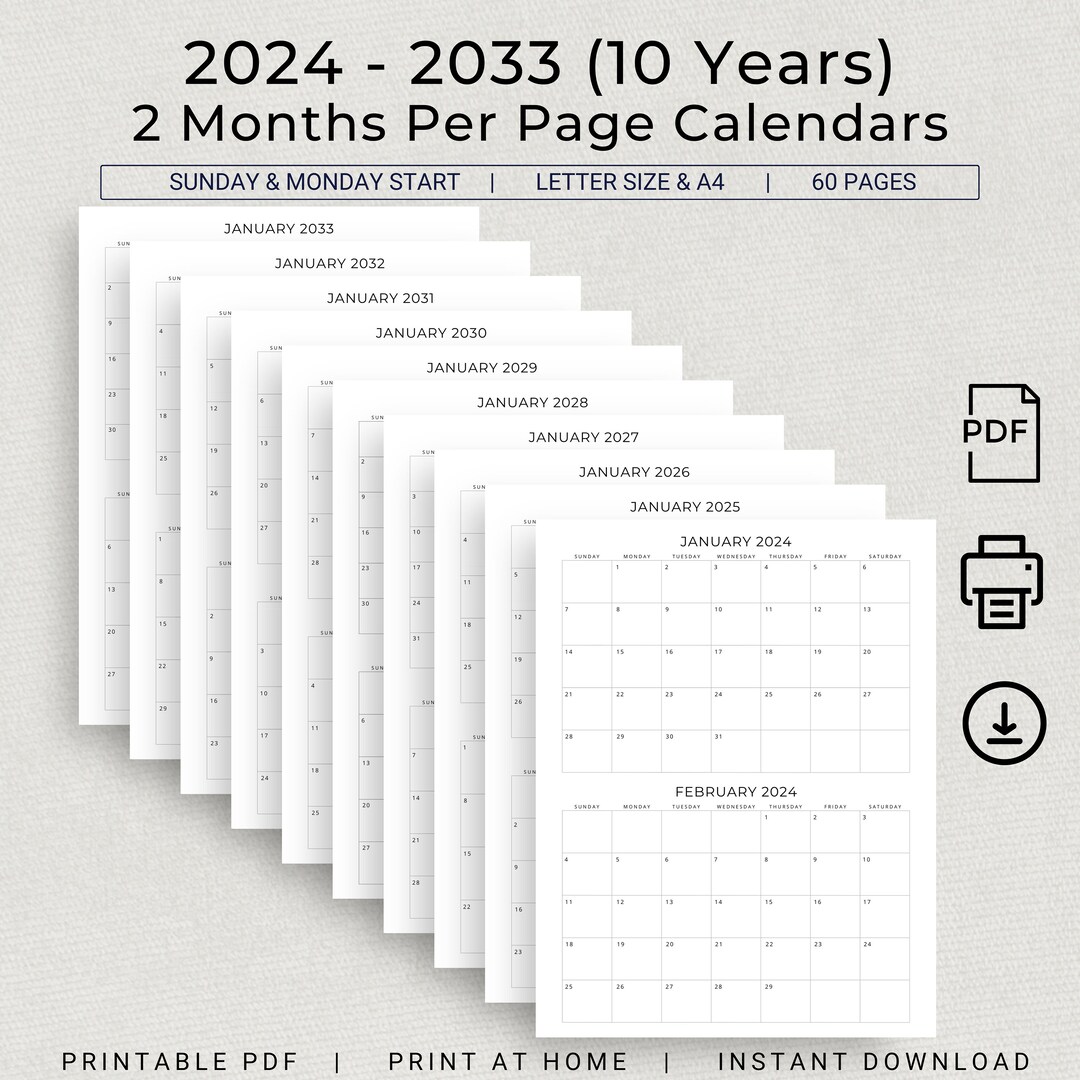 10 Year Calendar 2024 to 2033 Monthly Planner PDF 2 Months per Page
